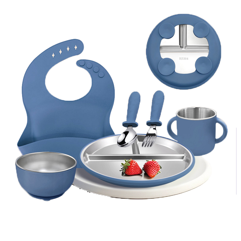 7pcs Silicone & 304 Tainless Steel Feeding Set for Baby