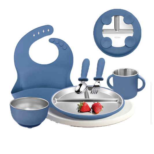 7pcs Silicone & 304 Tainless Steel Feeding Set for Baby