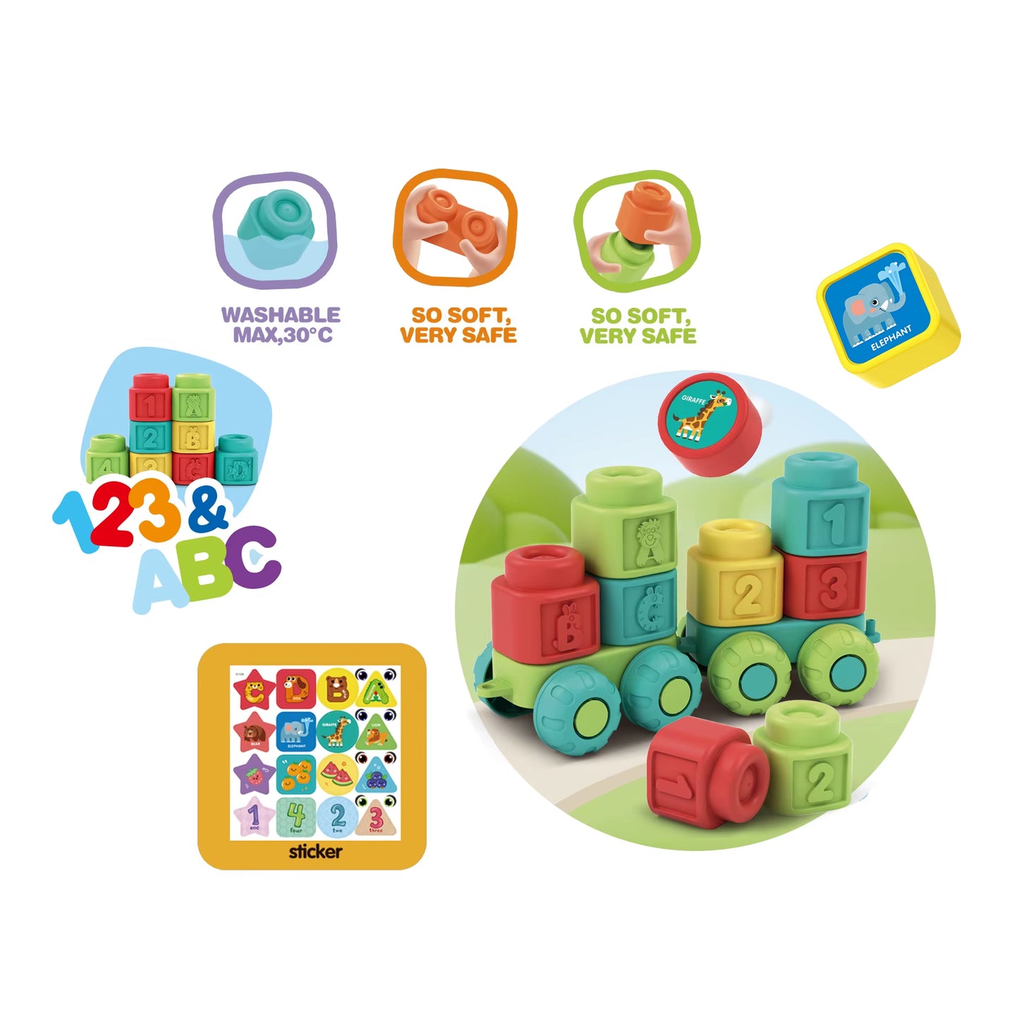19pcs Shape Match Soft Play Building Blocks Pull Along Train Car Toy for Baby
